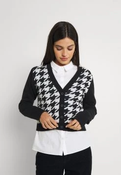 Monki Damen Strickjacke - Black And White Dog Tooth