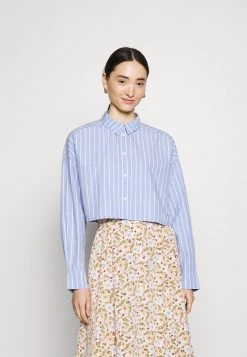 Monki Damen Bluse - Blue Dusty Light Stripe